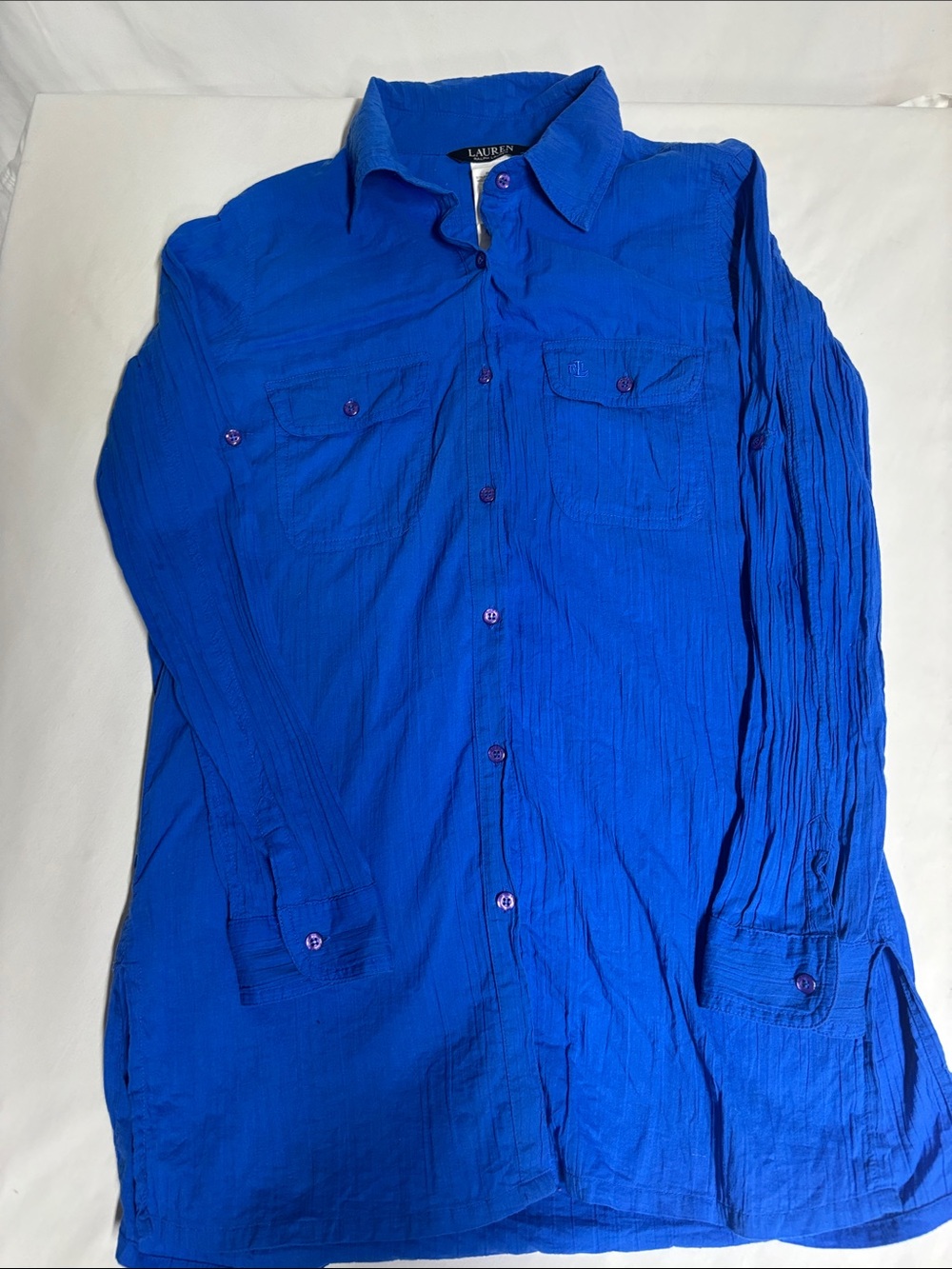 Lauren Ralph Lauren 100% Cotton Cobalt Blue Roll Tab Tunic Shirt S